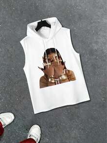 Spring/Summer/Autumn Minimalist Vacation Elastic Printed Sports Casual Hooded Vest - 白色 - 查看 1