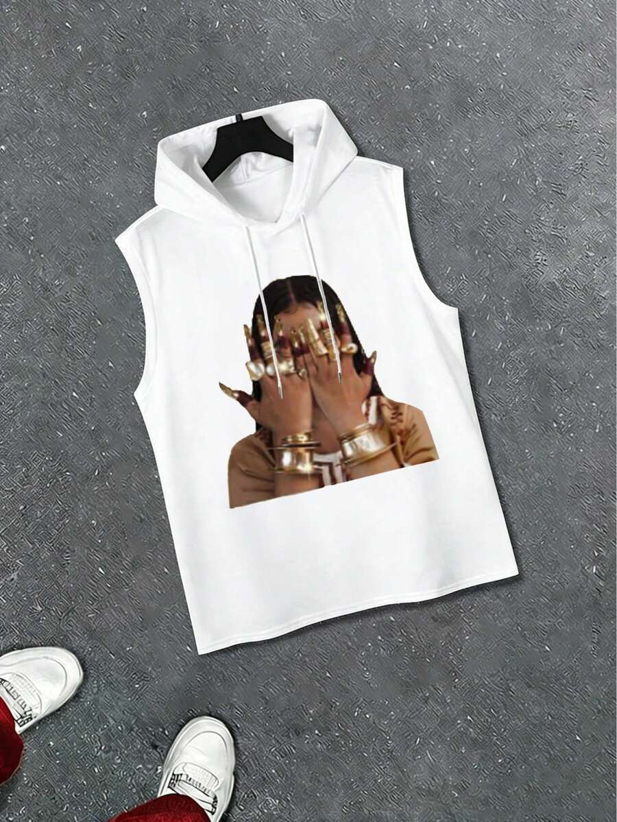 Spring/Summer/Autumn Minimalist Vacation Elastic Printed Sports Casual Hooded Vest - 白色 - 查看 1