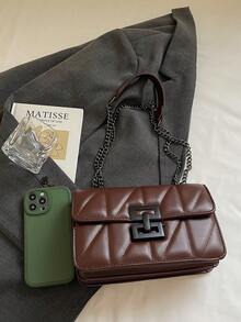 1pc Fashion New PU Square Bag Solid Color Versatile Chain Shoulder Bag For Women - Coffee Brown - View 3