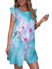 Hummingbird Hovers Near White Orchids In A Vibrant Scene Women's Summer Casual Flutter Sleeve Dresses Crew Neck Elastic Mini Dress - Nhiều màu - Xem 2