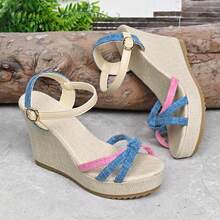 Bicolor Platform Sandals For Women, Woven Criss-Cross Strap Open Toe High Heels, Strap Buckle Design, Versatile For Commuting, Shopping, Travel - Blue - View 6