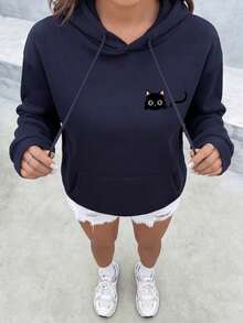 CHIEREGATO OUTLET Women's Sweatshirt, Winter Warmth, Kangaroo Hoodie, Cozy Sweatshirt With Cat Print, Women's Hooded Jacket, Sizes S To XL - 藍色 - 查看 2