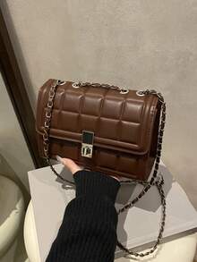 Túi xách nhỏ thời trang dành cho nữ, mẫu mới về, túi đeo vai kẻ caro, túi đeo chéo vuông tối giản có dây xích. - Cà phê nâu - Xem 10