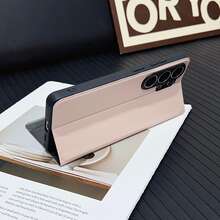 New Luxury Business Plated Edge Window PU Leather Wallet Phone Case For Samsung Galaxy S26 Ultra S25 Ultra S24 Ultra S23 Ultra S22 Ultra, Flip Cover Foldable Stand Full Body Drop Protection - Pink - View 5