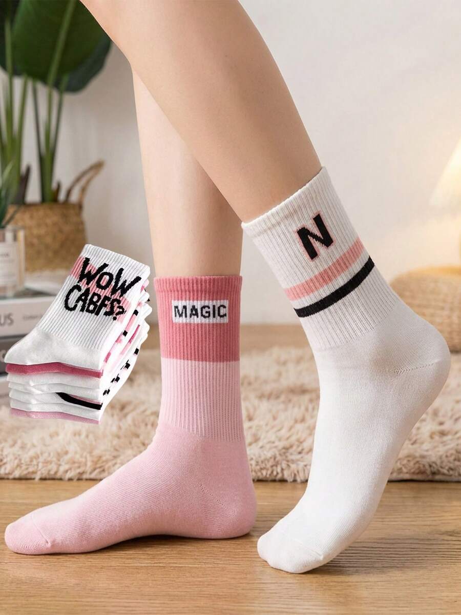 5 đôi tất cổ cao kẻ sọc ngẫu nhiên | Thiết kế chữ màu hồng và trắng, món đồ thiết yếu cho mọi mùa - Nhiều màu - Xem 1