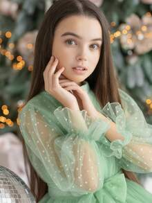 少女黑色波点网纱袖蝴蝶结腰身优雅圣诞派对礼服，公主裙，适合女孩生日派对、宴会、婚礼花童、节日庆典等场合 - 薄荷綠 - 查看 5