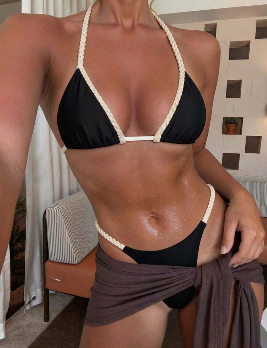 Black & Apricot Woven Rope Tie Two Pieces Bikini Set, Sexy Elegant Women's Summer Casual Beach Vacation Pool Party Fashion Swimsuit - Black - View 1