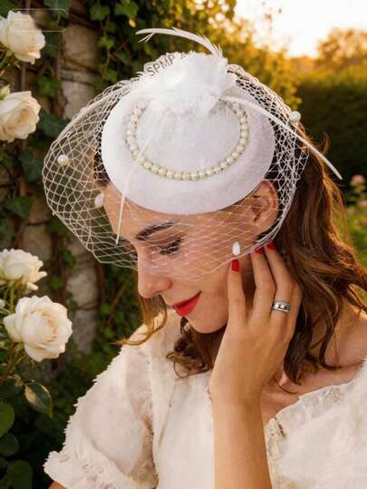 1 pieza Tocado de perlas vintage con plumas, accesorio de cabello nupcial de estilo europeo y americano, para verano, playa, sombrero, vacaciones, viaje