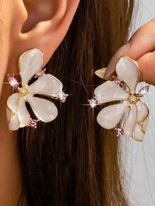 1 par de pendientes de flor de magnolia blanca retro francesa con cristal rosa y baño de oro - Marfil - Ver 6