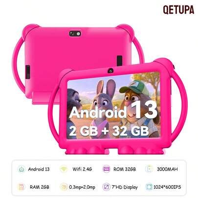 Qetupa Tableta para niños Android 13 de 7 pulgadas, procesador Quad-Core A133 de 1.6GHz, 2GB RAM + 32GB ROM, pantalla táctil IPS de 1024*600, batería de 3000mAh, cámara dual de 0.3MP + 2.0MP, WiFi 2.4G 802.11b, con control parental, juegos educativos y funda a prueba de golpes