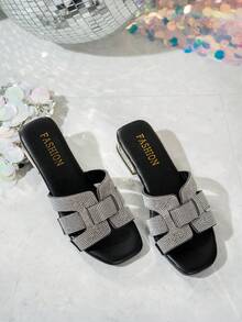 女士水钻H型露趾低跟时尚优雅派对晚宴凉鞋，适合搭配连衣裙 - 黑色 - 查看 3