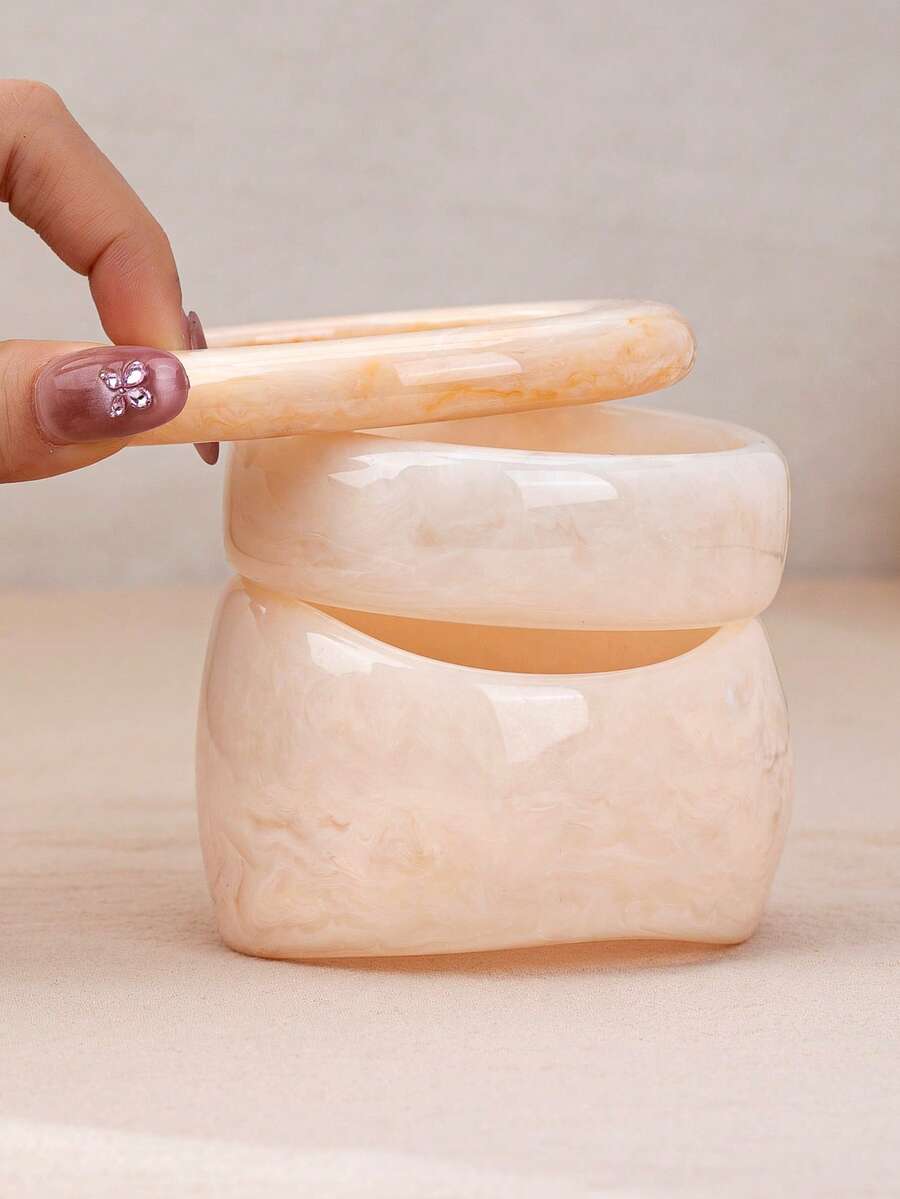 3pcs/Set Cream Marble Pattern Resin Bangle Set - Chunky Acrylic Stacked Bracelets, Minimalist Bohemian Style Jewelry Gift - White - View 1