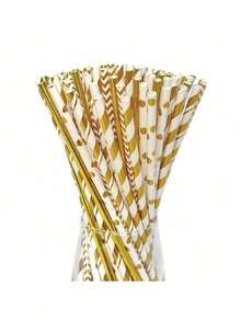 Canudos de papel com estampa dourada em vários padrões (25/50/100/200 unidades). Ideais para sucos, milk-shakes, coquetéis de verão, festas de formatura, Natal, casamentos, aniversários, praia, volta às aulas e decoração de dormitórios. - Ver 11
