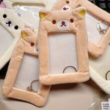 New Cute Bear Head Transparent Card Holder Plush Keychain Campus Card Idol Photo Card Bag ID Photo Storage Protective Case - 米色小熊卡 - 查看 7