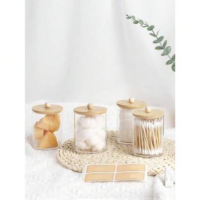 1/2 hộp đựng đồ có nắp tre chia ngăn, thích hợp đựng tăm bông, miếng bông tròn, chỉ nha khoa - Hũ nhựa trong suốt 10oz, tuyệt vời để sắp xếp đồ dùng trong phòng tắm, phụ kiện đựng mỹ phẩm trang điểm.