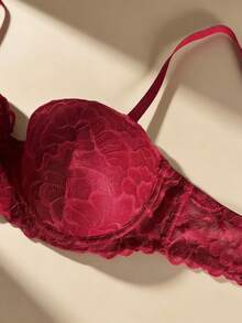 Women's Red Sexy Lace Lingerie, Comfortable French Lace Patchwork Bra, Lift And Gather Underwire Bra - Red - View 11