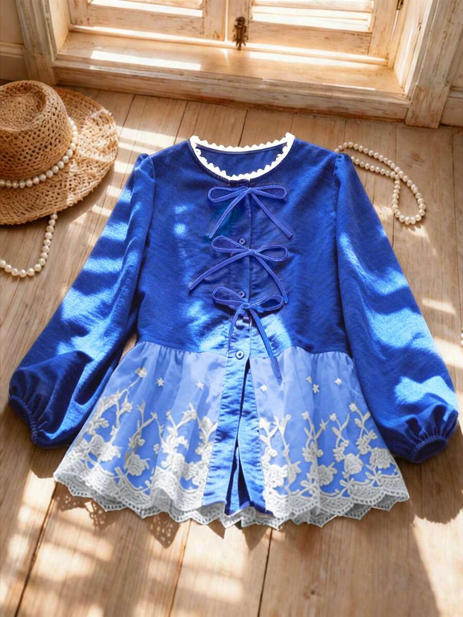 女款優雅浪漫休閒甜美蝴蝶結圓領3/4袖高腰刺繡拼接襯衫,通勤、約會、派對、假日、度假、日常外出百搭上衣,秋季上衣 - 寶藍色 - 查看 1