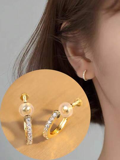 1对时尚半圆形锆石铜耳环，女士无耳洞螺旋夹式可调节耳环，适合日常佩戴和节日礼物