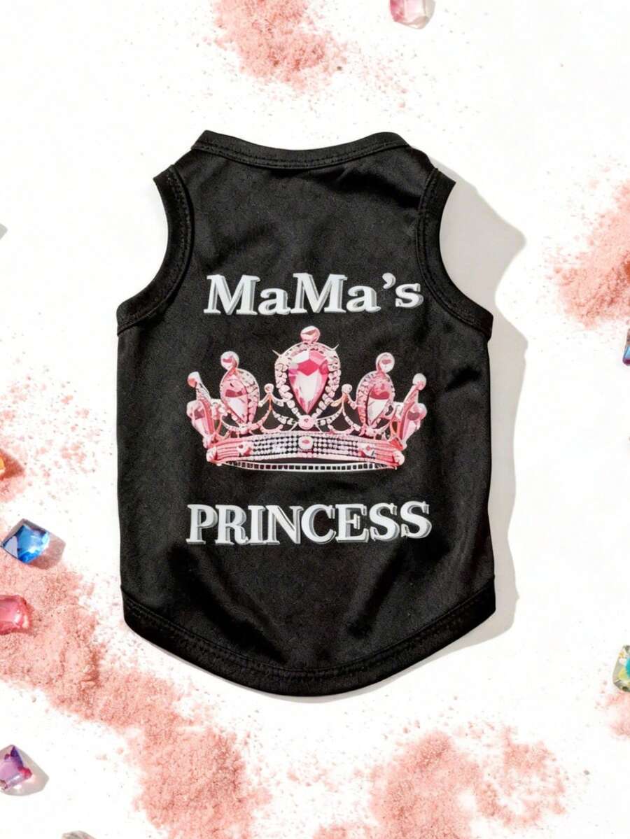 LUCKIE LABO 1pc Mama's Princess Rhinestone Crown Funny Print Pet Vest, Physical Anti-Flea & Reduce Shedding, Insulation & Breathable, Suitable For Small & Large Dogs, Indoor & Outdoor - Black - View 1