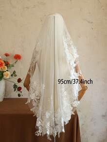 1pc Fingertip Length Floral Lace Applique Veil, Bridal Hair Accessory With Metal Comb, White/Ivory Wedding Decor - Multicolor - View 5
