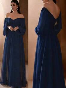 Women's Solid Color Off Shoulder Lantern Sleeve Casual Wedding Dress Spring White - Navy Blue - View 9