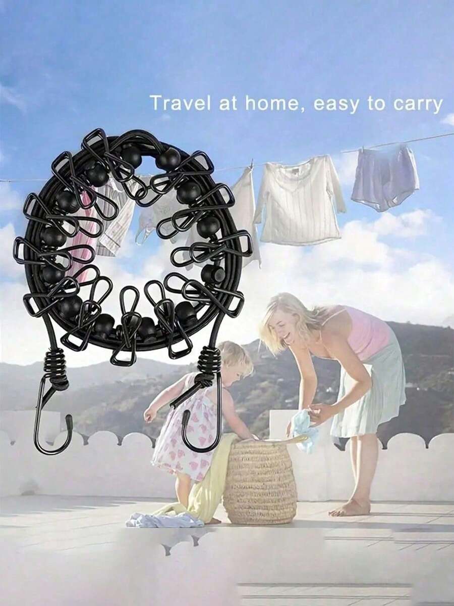 便携式彩色晾衣夹/旅行晾衣绳，带12个夹子，可伸缩，男女通用，旅行必备，邮轮必备，宿舍必备，方便防滑晾衣绳，可调节弹性晾衣绳，适用于室内洗衣、后院、阳台、户外露营、酒店旅行、海滩、暑假、返校旅行、旅行配件、旅行必备品、假期学习用品、返校用品