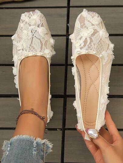 Zapatos planos de encaje con flor de rosa 3D, zapatos de abuela de tacón bajo con decoración de perlas, zapatos versátiles de vestir de punta cuadrada blanda para mujer