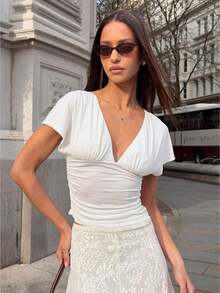 Y2K Women's 2-In-1 Solid Color Convertible Crop Top, Halter  Off Shoulder Back Tie Ruched Self-Cultivation Top For Club Party - White - View 1