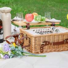 Multifunctional Wicker Picnic Basket Set 4 With Blanket & Picnic Table, Insulated With Complete Tableware, Outdoor Camping & Picnics, Natural - Natural With Blanket & Table for 4 - View 7