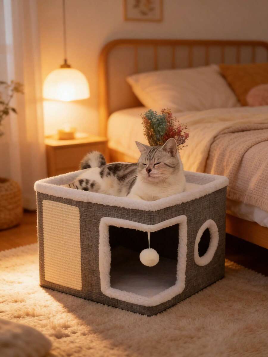 Nhà cho mèo 2 tầng có thể gấp gọn kèm trụ cào móng, giường ngủ ấm cúng cho mèo bốn chân cỡ nhỏ và vừa, nhà cho thú cưng có thể gấp lại. - Nhiều màu - Xem 1