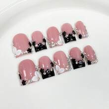 10pcs, Sweet And Cool Style Sparkling Rhinestone Carved Nail Stickers, Icy Nude Pink French Short False Nails, Handmade. Suitable For Daily, School, And Work. Great Gift For Women & Girls. Nail Supplies. Handmade Press On Nails. - 彩色 - 查看 3