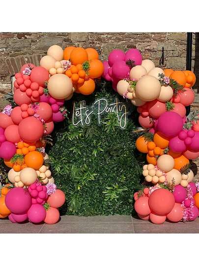116件套热带夏威夷风情派对拱门和花环套装，包含紫红色、杏色、橙色和马卡龙红色气球，适用于夏威夷主题派对、海滩派对、泳池派对、生日派对、迎婴派对、夏季派对装饰。