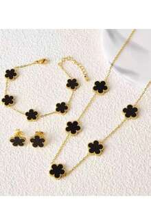 新款幸运四叶草钛钢首饰套装 - 手链、项链、耳环，真空电镀，不褪色，独特设计 - 彩色 - 查看 7