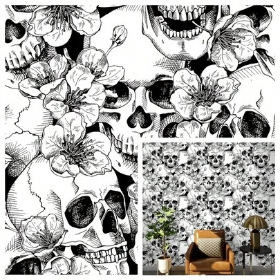 1 Roll Thickened Peel And Stick Skull & Flower Wallpaper, 17.7inX39.3/118.1/196.8/393in, Removable Self-Adhesive Contact Paper For Living Room, Bedroom, Bathroom, Cabinet Shelves, Wall Decor