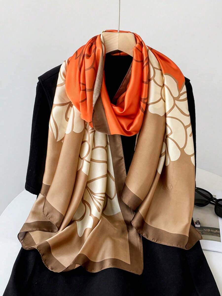 1 Khăn lụa giả in họa tiết hoa hồng cam dành cho nữ, có thể dùng làm khăn trùm đầu, khăn giữ ấm hoặc khăn choàng. - Hoa hồng cam - Xem 1