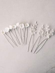 1个陶瓷花朵和仿珍珠串珠发夹，适合新娘、婚礼、派对、外出和其他女性场合，夏季、海滩。 - 銀色 - 查看 3
