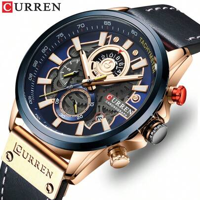  CURREN Men's Wrist Watch, Fashion Chronograph Quartz Water Resistant Leather Strap Luminous Date Display