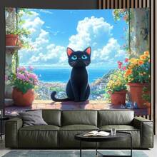 1 Stück 3D Optik Topfpflanze & schwarze Katze beobachtet den Meereshintergrund Dekoration, geeignet für Wohnzimmer, Schlafzimmer, Büro, Party, ein perfektes kreatives Geschenk - 7 - Übersicht 4