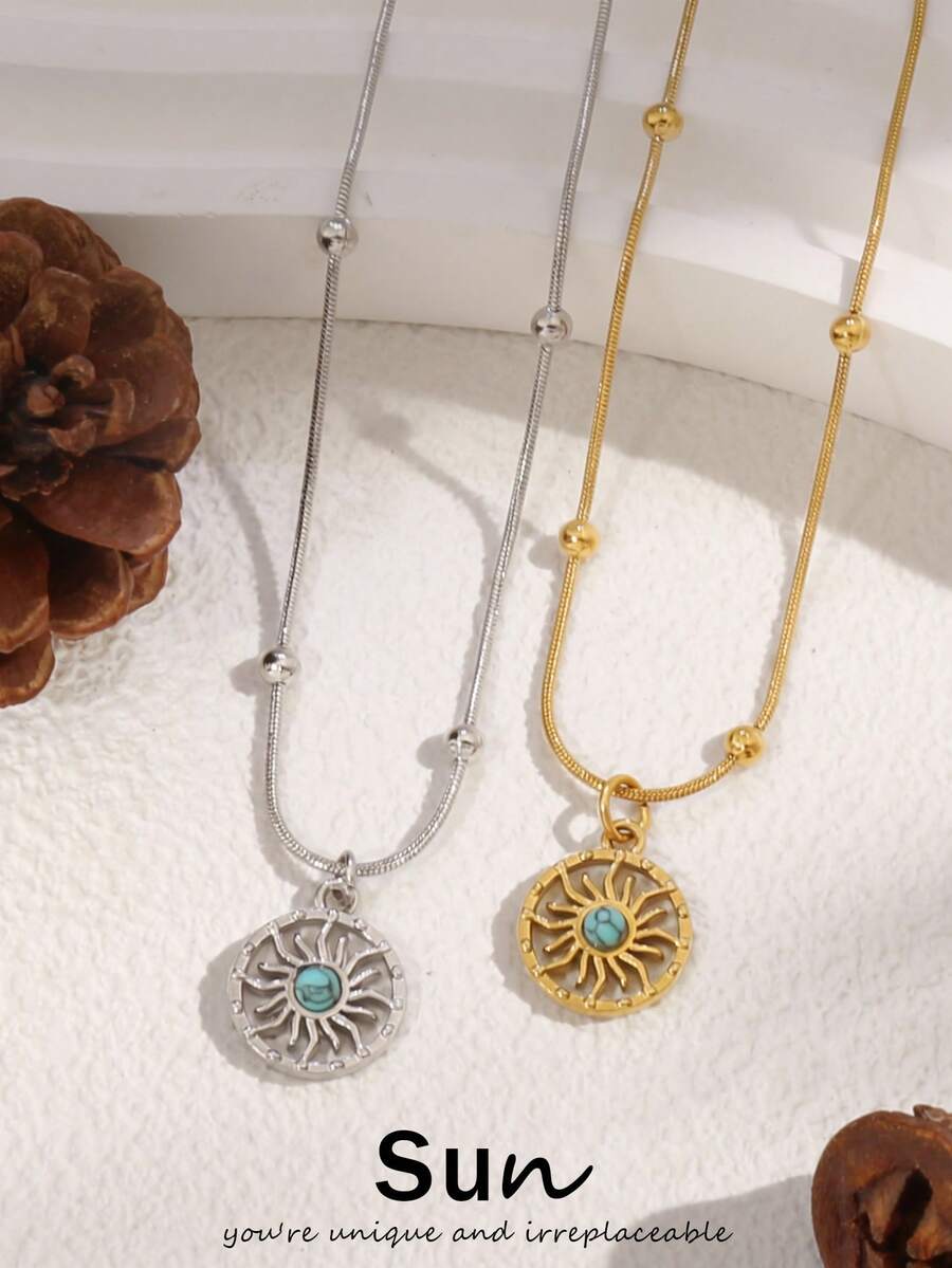 1件装不锈钢天然绿松石太阳吊坠项链，女士时尚18K镀金珠链项链，珠宝礼品 - 項鍊 - 查看 1