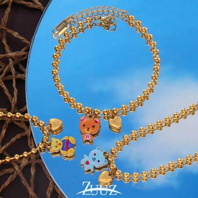 1 pieza Brazalete de acero inoxidable con colgante de oso pequeño de moda, con cuentas y cadena para mujer, colgante de oso pequeño con forma de corazón, para decoración diaria y como regalo de joyería