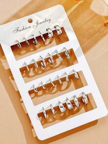 24pcs/Set Minimalist Fashion Versatile Stud Earrings Set, Including Plain, Twisted, Rhinestone Designs, Suitable For Women's Daily Wear, Dates, Vacations, And Holiday Gifts - Silver - View 3