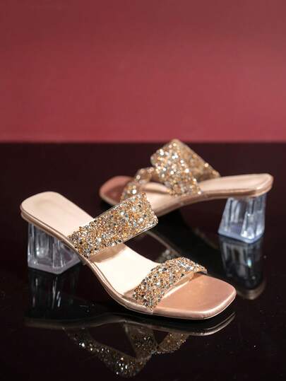 NANBEI ZUO New Summer Women's Crystal Heel Sandals, Fashionable Champagne Color Square Toe Glitter One-Strap Design High Heel Sandals, Elegant Versatile Party Style High Heels, Suitable For Music Festivals/Valentine's Day