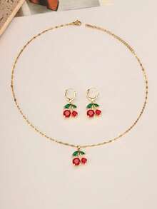 3pcs Fruit Series - Cherry Necklace & Earrings Set For Women, Copper Material , Elegant & Cute, & Sweet, Suitable For Women's Vacation And Daily Wear, Jewelry Gift For Christmas, Graduation And Back To School Season - 金色 - 查看 3