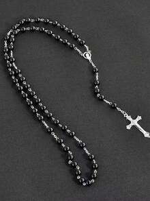 1件极简黑色串珠十字架念珠长款手工项链，男女通用流苏毛衣链 - 黑色 - 查看 4