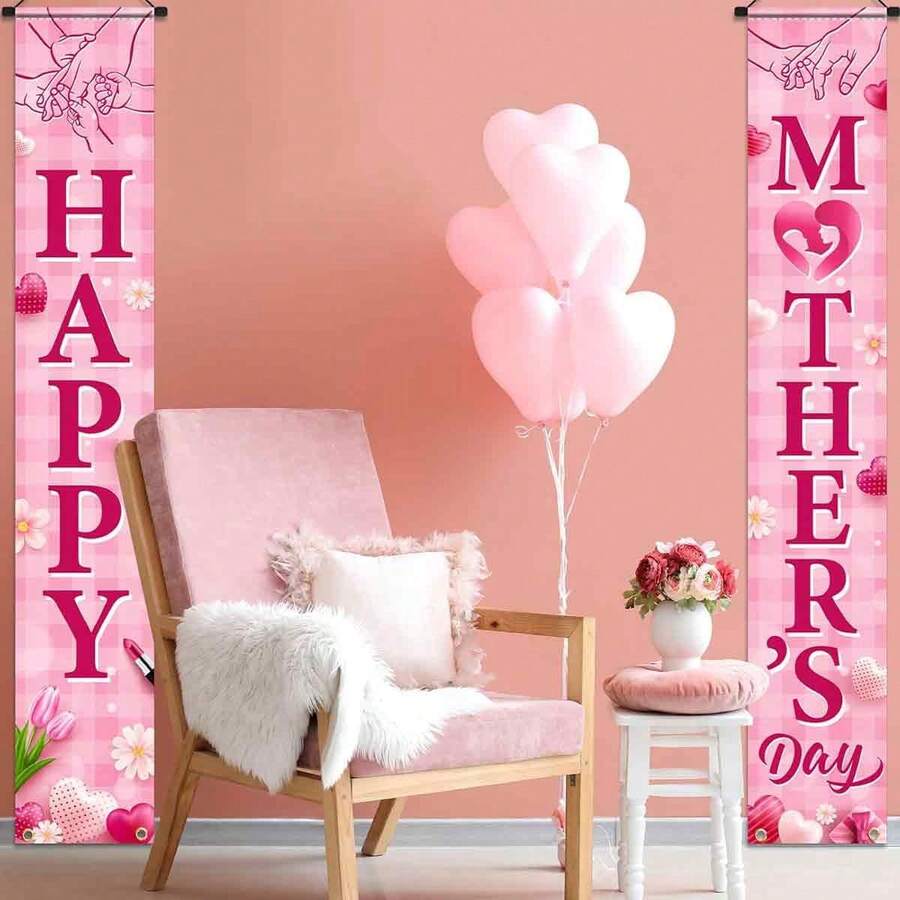 1 set di decorazioni per striscioni per il portico della Festa della Mamma, con fiori a forma di cuore rosa per la segnaletica del portico della Festa della Mamma, e striscioni da appendere per interni ed esterni per la Festa della Mamma, dedicati alla migliore mamma, perfetti per le decorazioni della festa di compleanno della Festa della Mamma - Visualizzare 1