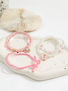 5pcs Bohemian Style Faux Pearl Beaded Elastic Cord Bracelet With Shell, Flower & Butterfly Pendants, Women Bracelet Set - Gold - View 3