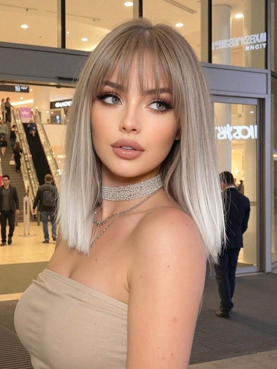 14英寸渐变棕色至金色层次刘海中长直发合成编织假发，适合女性，可用于节日、派对、角色扮演、日常佩戴、万圣节、圣诞节、新年、音乐节等场合，是送给女孩的绝佳礼物，毕业季适用，可直接作为礼物赠送，万圣节和圣诞节必备。 - 漸變金色 - 查看 1