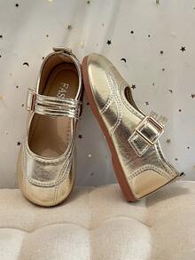 1 Pair 2026 Girls' Metallic Striped Decor Jelly PU Square Toe Mary Jane Single Buckle Flat Luxury Princess Style Shoes, Suitable For Daily School, Summer Outdoor Beach, Children's Day Birthday Photo Shoot And Other Occasions - Gold - View 7