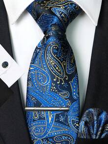 1/2/3/4/5 Stücke Set Herren Marineblau & Gelb Paisley Muster Krawatte, Einstecktuch, Silber Krawattennadel, Manschettenknöpfe und Anstecknadel, geeignet für Arbeitsplatz, Geschäft, Meetings, Hochzeiten, Abschlüsse und andere Anlässe. Tolles Geschenk für Herren Geburtstag, Thanksgiving, Weihnachten, Neujahr - Dunkelblau - Übersicht 15