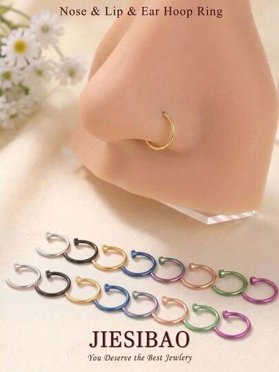 JIESIBAO 5 chiếc khuyên mũi 20G/18G 8mm/10mm, trang sức xỏ khuyên mũi môi tai nhiều màu sắc vàng bạc đen, khuyên mũi có thể điều chỉnh kích thước, vòng khuyên mũi cho môi, vách ngăn mũi, khuyên tai rook, bộ trang sức đeo hàng ngày cho nam và nữ